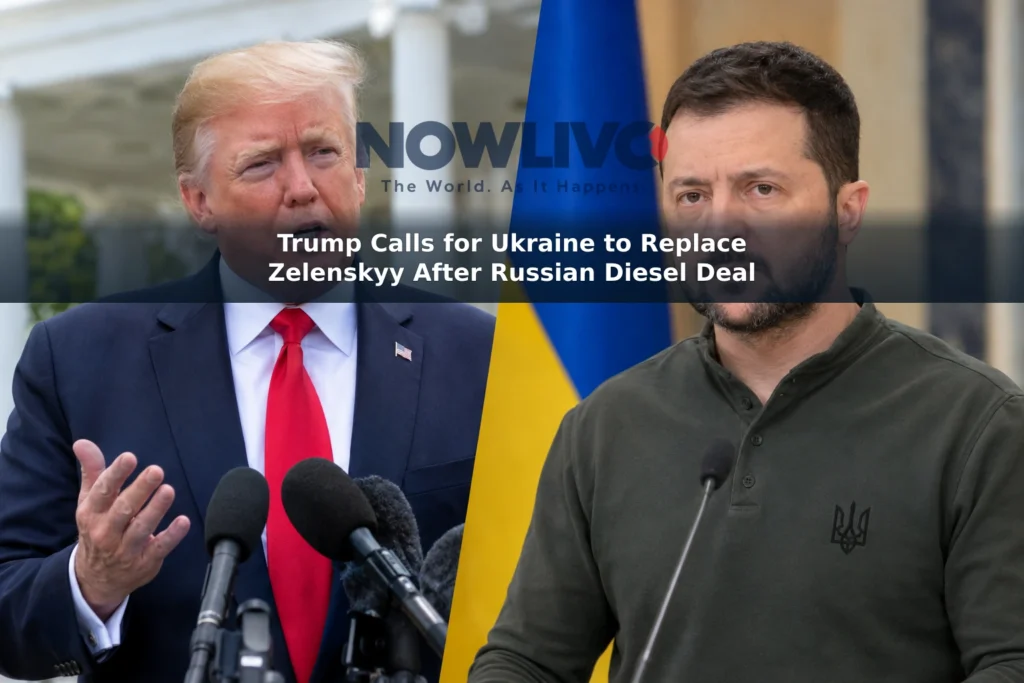 Editorial-style composite showing Donald Trump speaking to reporters and Volodymyr Zelenskyy at a separate appearance.
