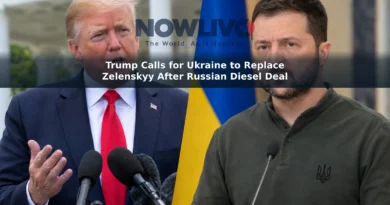 Editorial-style composite showing Donald Trump speaking to reporters and Volodymyr Zelenskyy at a separate appearance.