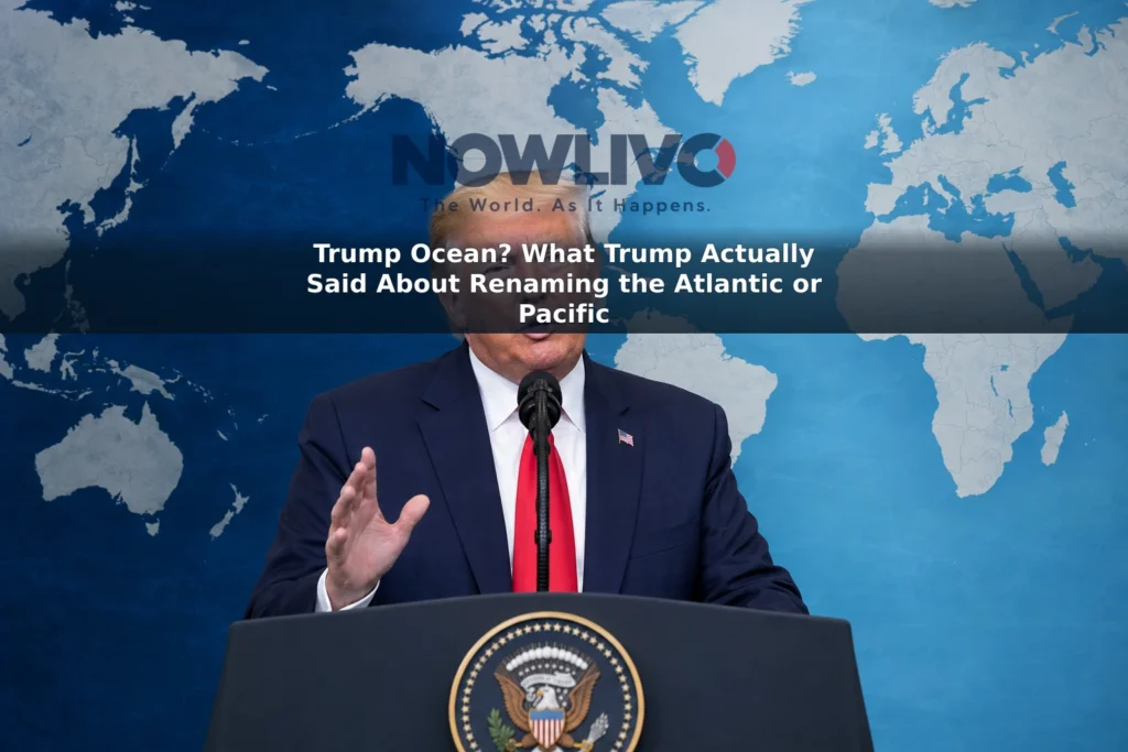 Editorial illustration of Donald Trump at a podium with the Atlantic and Pacific oceans shown on a map behind him.