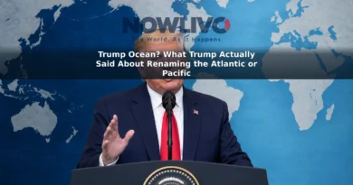 Editorial illustration of Donald Trump at a podium with the Atlantic and Pacific oceans shown on a map behind him.