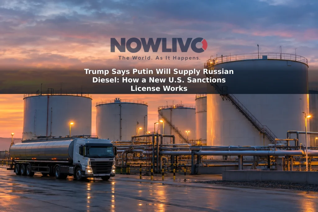 Illustrative view of diesel storage tanks and a tanker truck at a fuel terminal at dusk.
