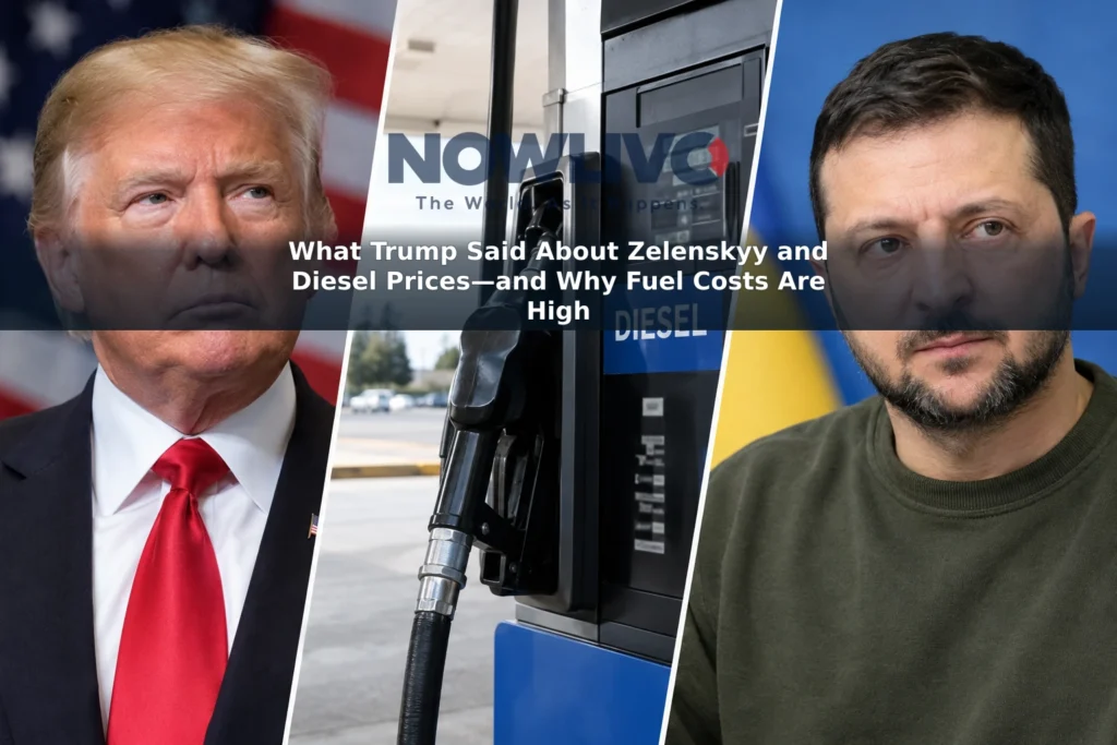 Editorial montage of Donald Trump and Volodymyr Zelenskyy beside a diesel fuel pump.