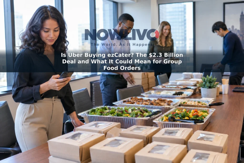 An office lunch organizer checks a phone beside trays and boxed meals set out on a conference table.