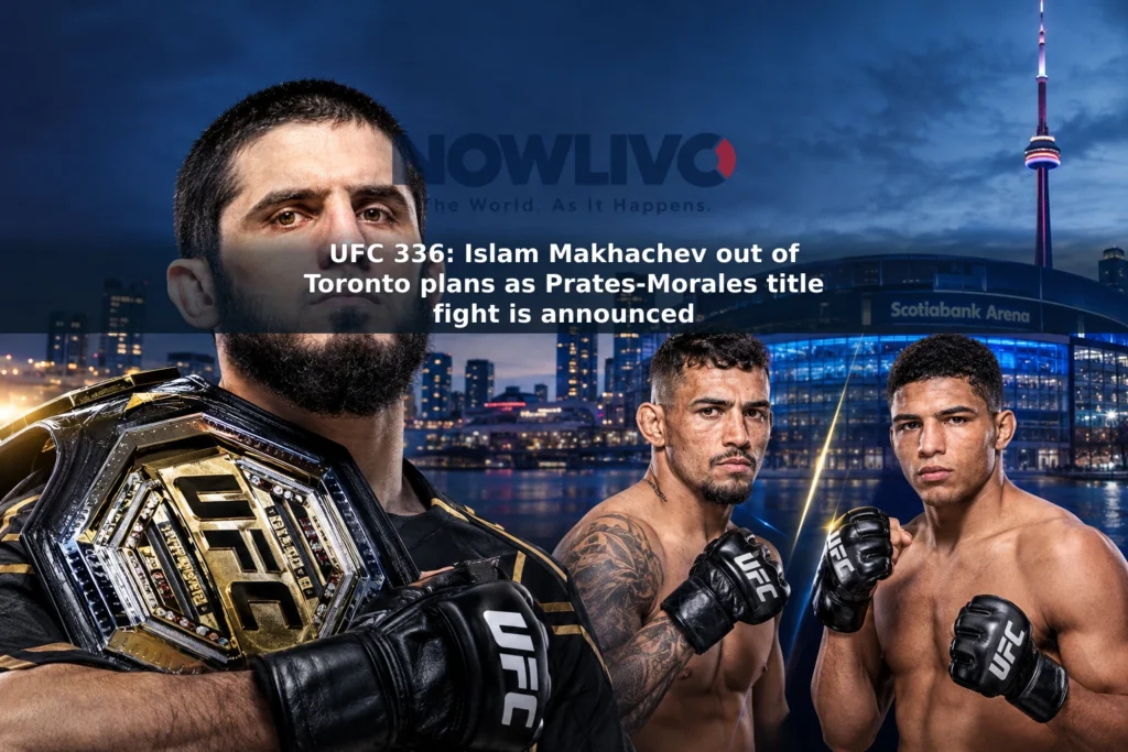 Editorial illustration of Islam Makhachev beside a separate Carlos Prates and Michael Morales UFC 336 matchup graphic.