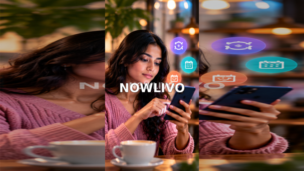Woman reviewing recurring payments on a smartphone beside colourful subscription symbols