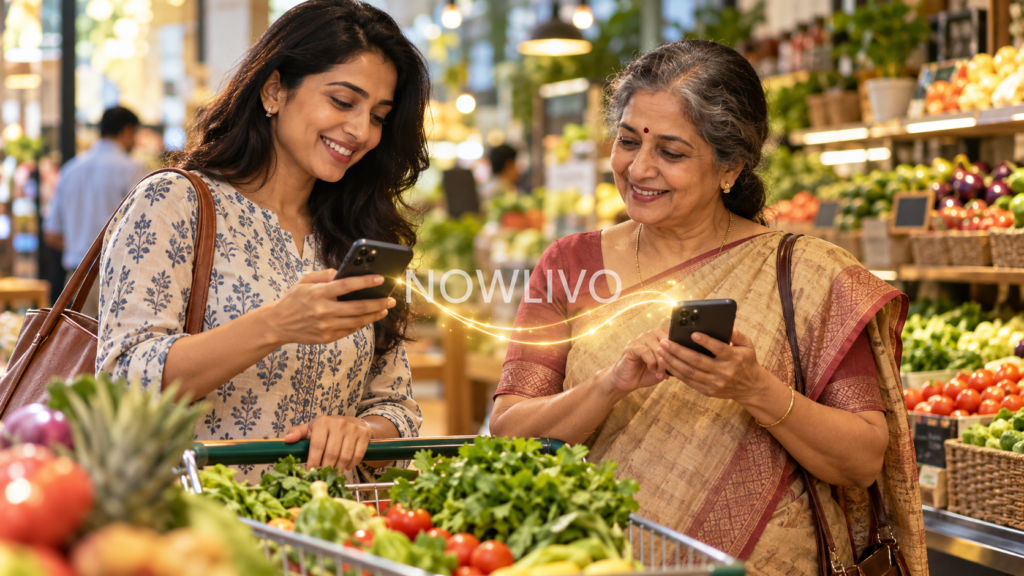 Mother and daughter using phones while shopping at an Indian grocery
