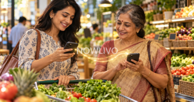 Mother and daughter using phones while shopping at an Indian grocery