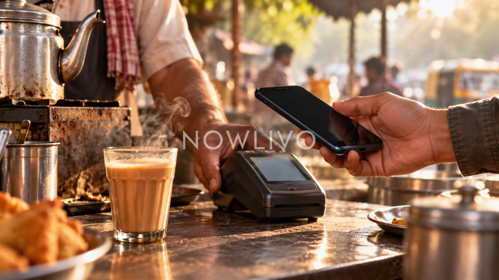 Phone beside a tea glass at an Indian street-side chai stall