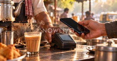 Phone beside a tea glass at an Indian street-side chai stall