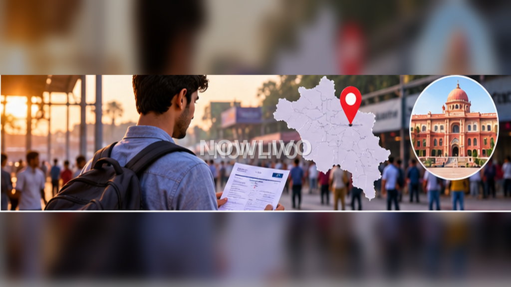Indian student checking exam travel details on a phone at a railway platform while holding application papers