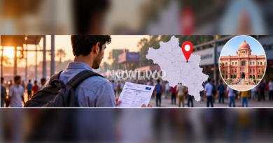 Indian student checking exam travel details on a phone at a railway platform while holding application papers