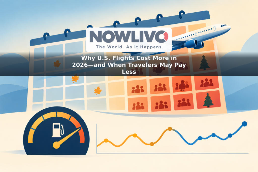 Illustration of an airplane above a calendar, fuel gauge and changing airfare line, contrasting busy holiday dates with quieter fall travel dates.