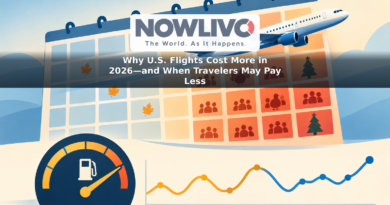 Illustration of an airplane above a calendar, fuel gauge and changing airfare line, contrasting busy holiday dates with quieter fall travel dates.