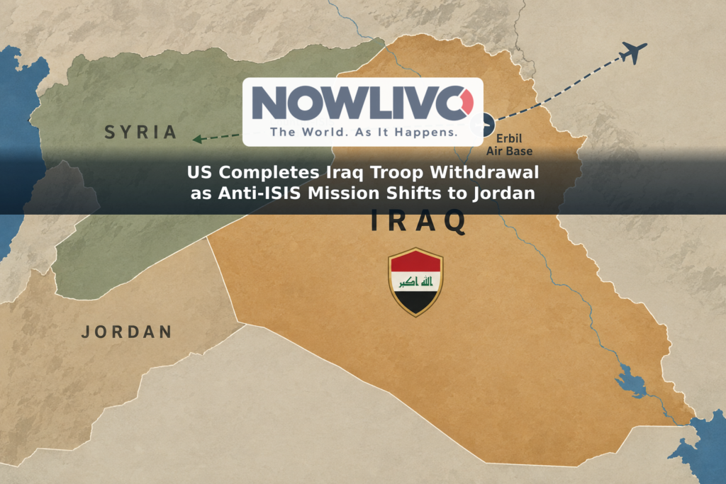 Conceptual map illustration showing a US withdrawal from Erbil in Iraq, Iraqi responsibility for domestic security, and a continuing regional mission based in Jordan.