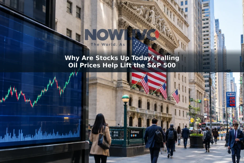 Pedestrians outside the New York Stock Exchange, with a market display and a distant fuel-price sign.