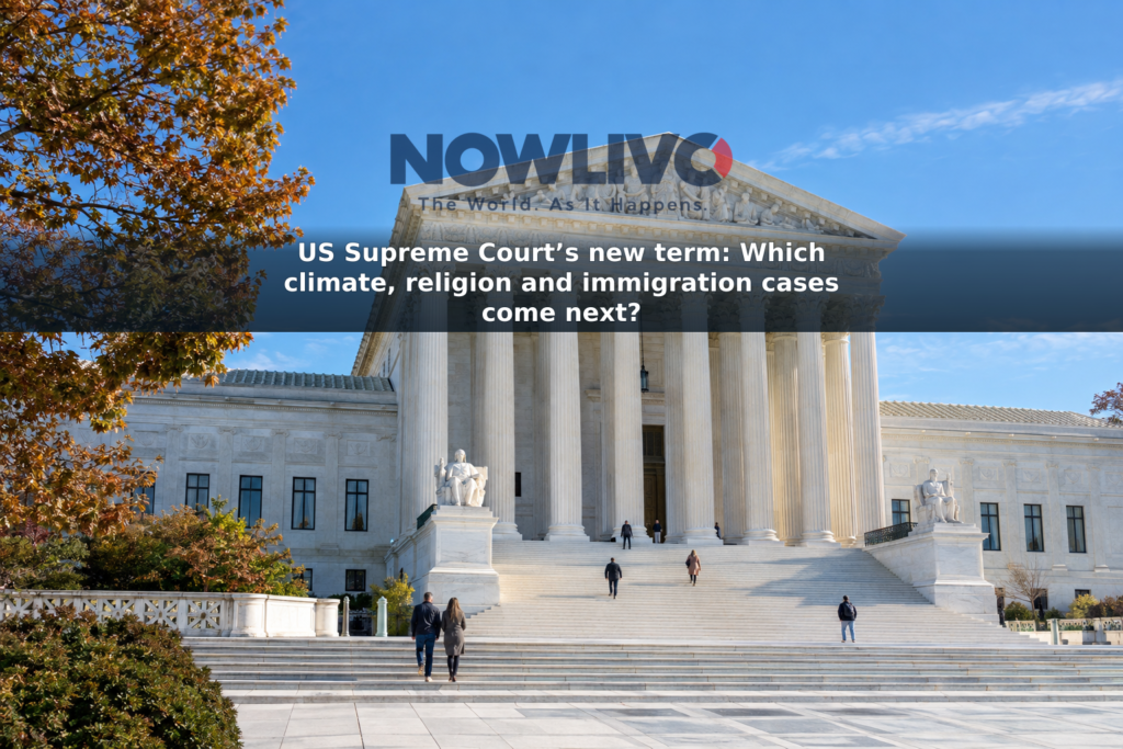 The marble facade and steps of the United States Supreme Court building on an autumn morning.