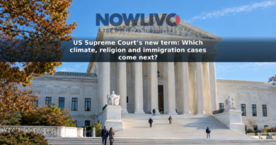 The marble facade and steps of the United States Supreme Court building on an autumn morning.