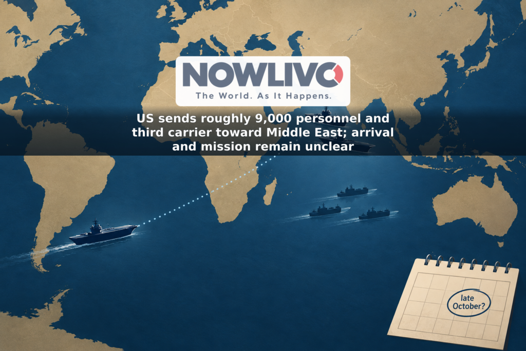 Illustrated map showing two carrier symbols near the Middle East and a third on a dotted approach route, with a question mark over its possible late-October arrival.