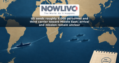Illustrated map showing two carrier symbols near the Middle East and a third on a dotted approach route, with a question mark over its possible late-October arrival.