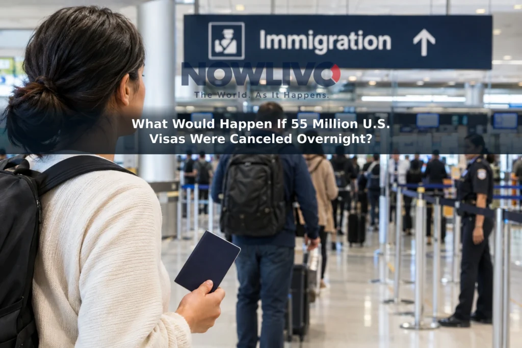 Adult traveler holding a passport in an airport arrivals hall, with an immigration checkpoint in the distance.