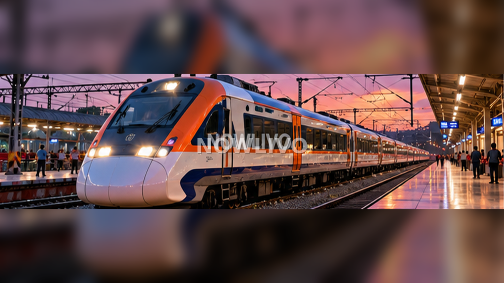Long modern orange-and-silver Indian train standing at a busy station at sunset
