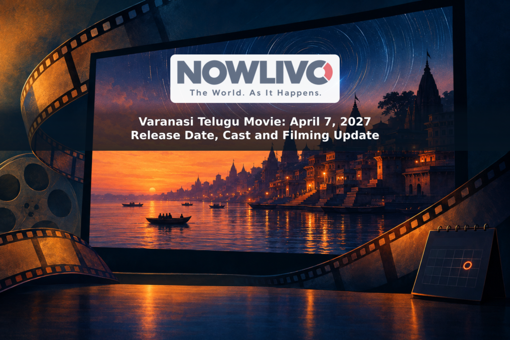 Conceptual illustration of Varanasi’s riverside skyline beneath star trails, framed by film strips and a calendar motif.