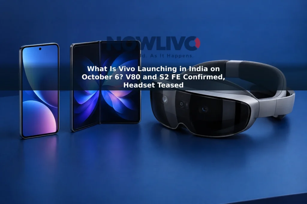 Illustration of two smartphones, an open foldable phone and a mixed-reality headset on a blue tabletop.
