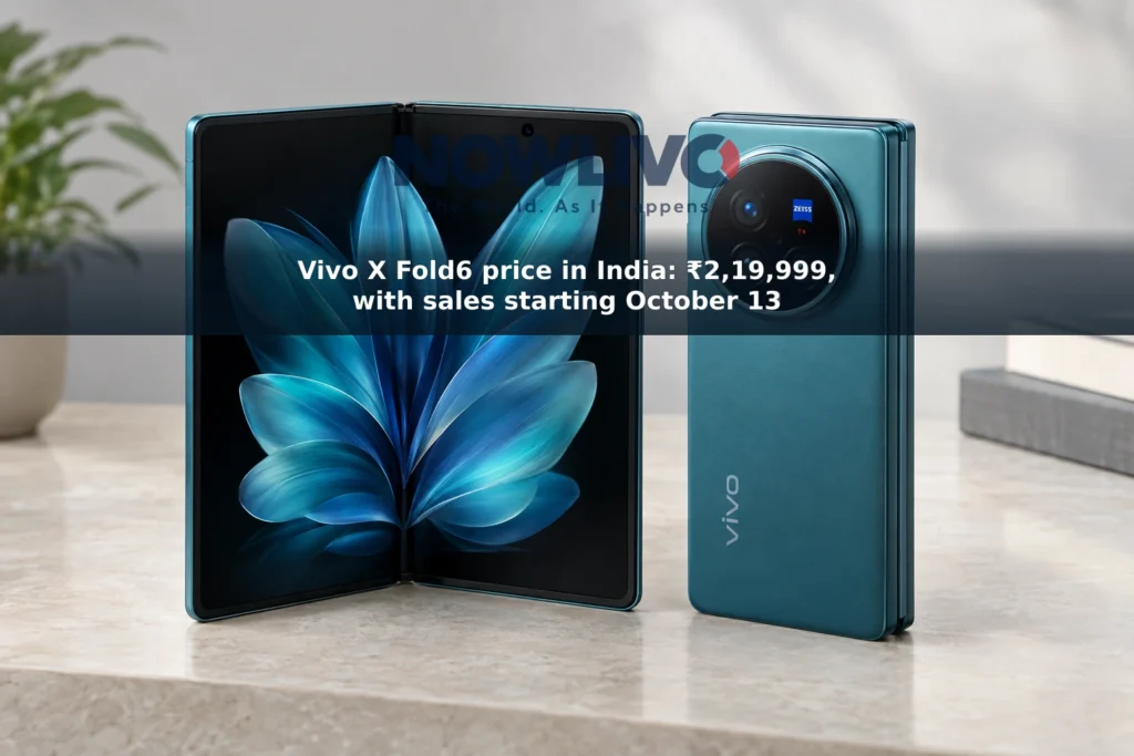 Vivo X Fold6 shown open beside a folded rear view in Nebula Teal.