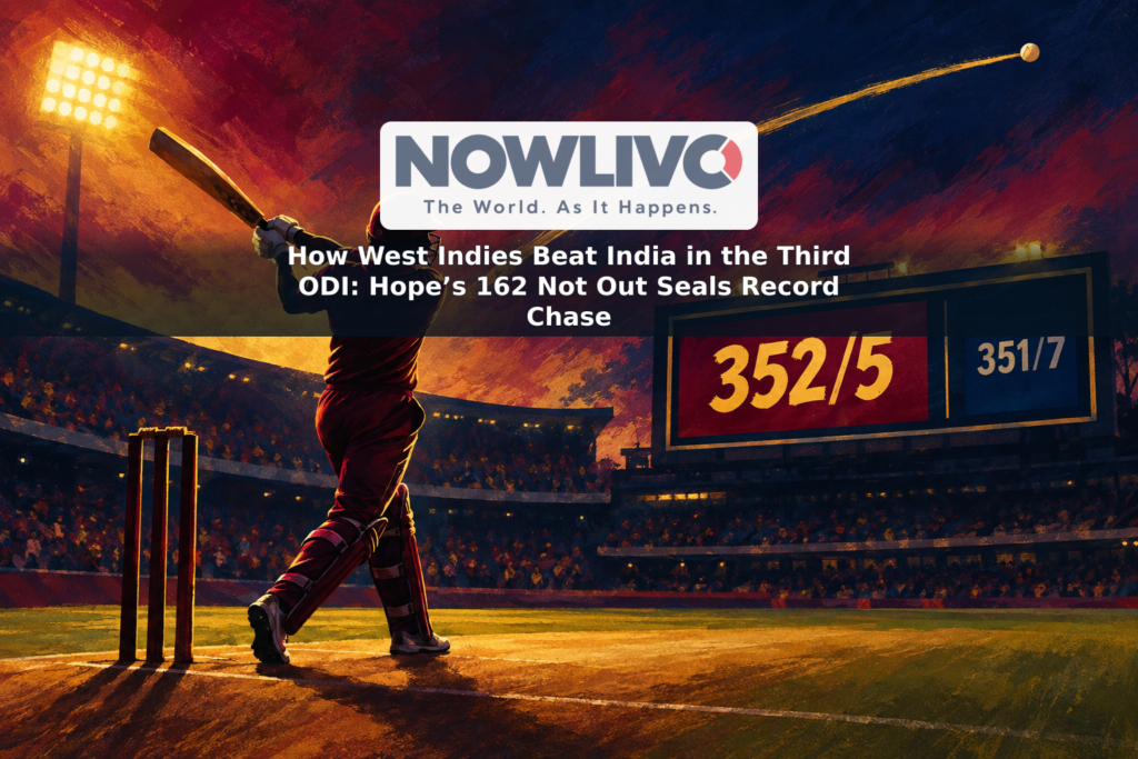 Illustration of a cricket batter beneath stadium lights, with a ball arc and stylized scores of 352/5 and 351/7.