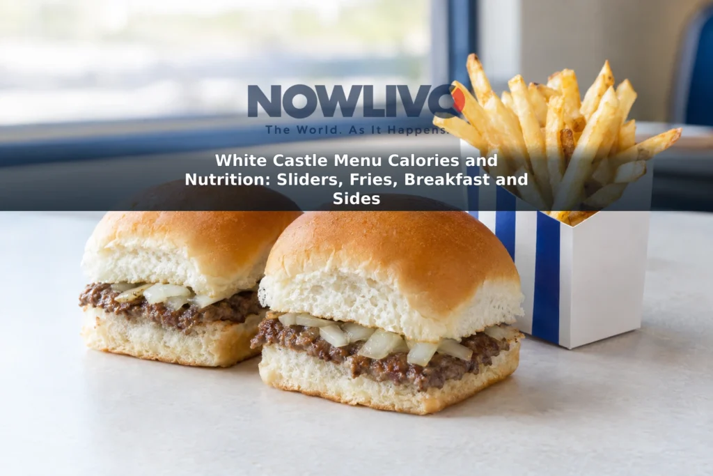 Two small beef sliders and a carton of french fries on a tabletop.