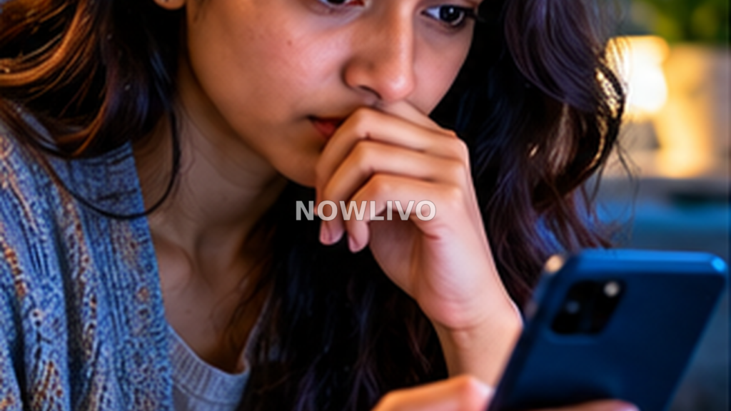 Woman listening to a suspicious phone recording at home in a blue-lit room