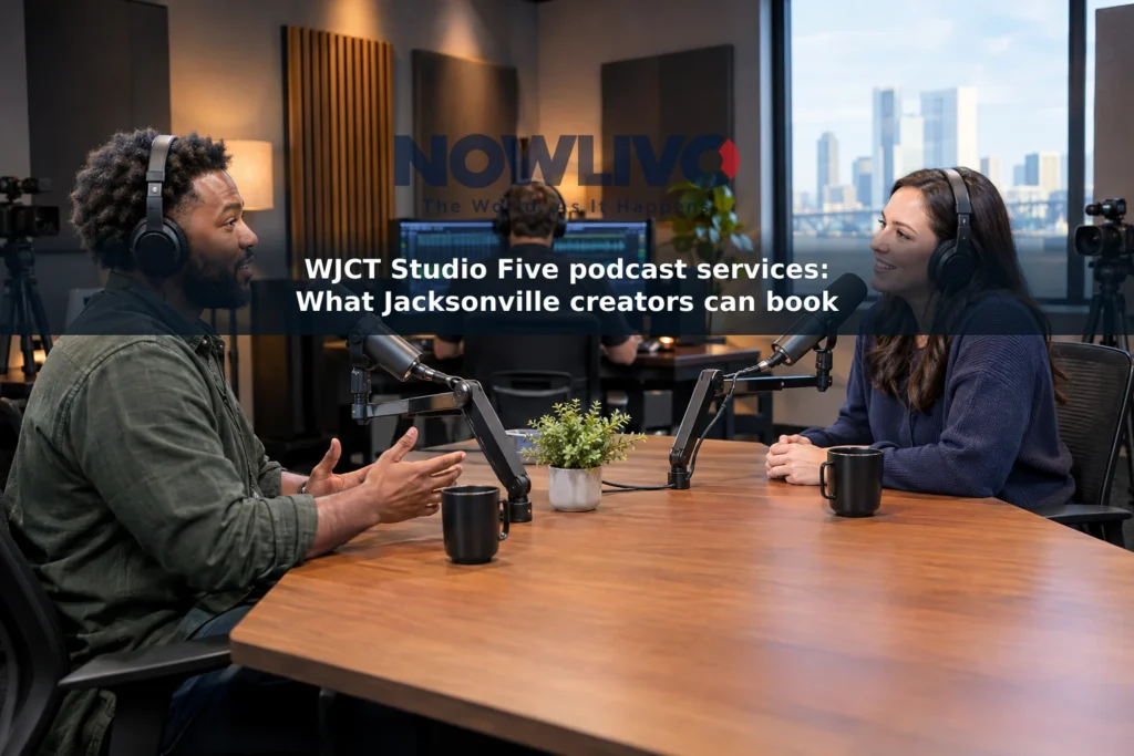Representative podcast studio scene with two adult speakers at microphones and a producer monitoring the recording.