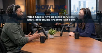 Representative podcast studio scene with two adult speakers at microphones and a producer monitoring the recording.