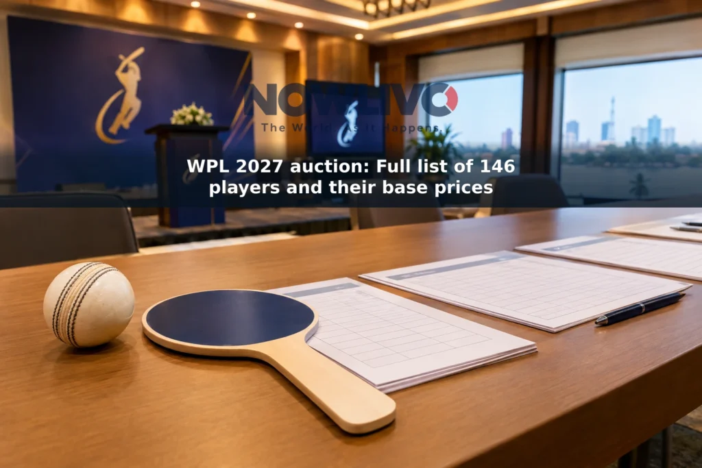 Cricket ball, auction paddle and roster sheets arranged on a table ahead of a women's cricket player auction
