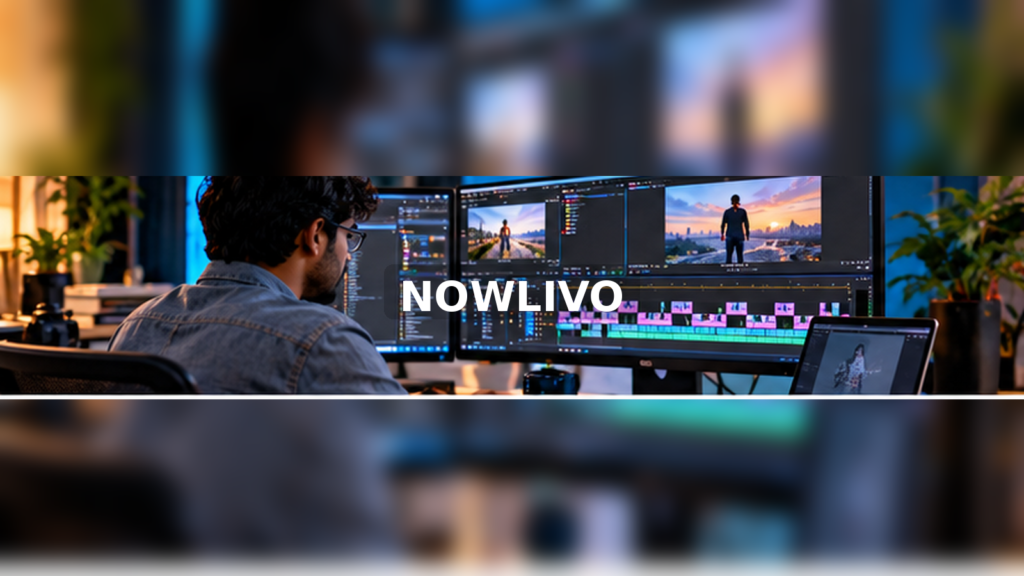 Video editor working on a multitrack timeline at a desk with a centered NOWLIVO watermark