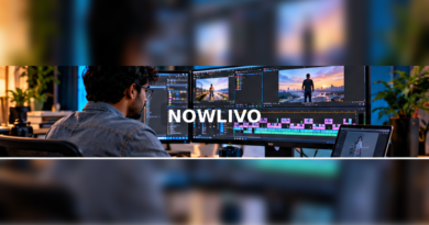 Video editor working on a multitrack timeline at a desk with a centered NOWLIVO watermark