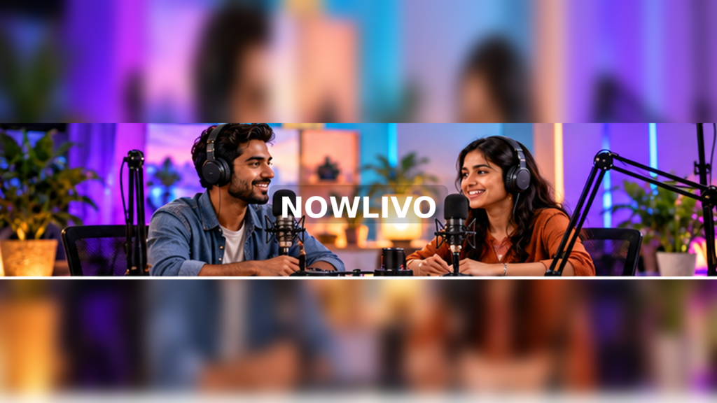 Two presenters recording a conversation in a podcast studio with a centered NOWLIVO watermark