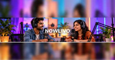 Two presenters recording a conversation in a podcast studio with a centered NOWLIVO watermark