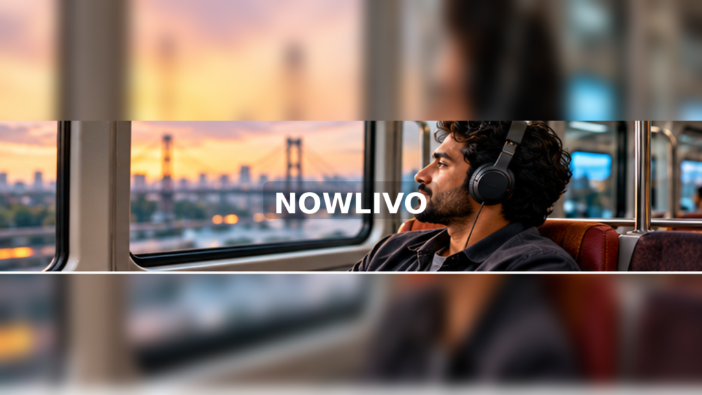 Man with headphones listening during train travel with a centered NOWLIVO watermark