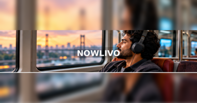 Man with headphones listening during train travel with a centered NOWLIVO watermark
