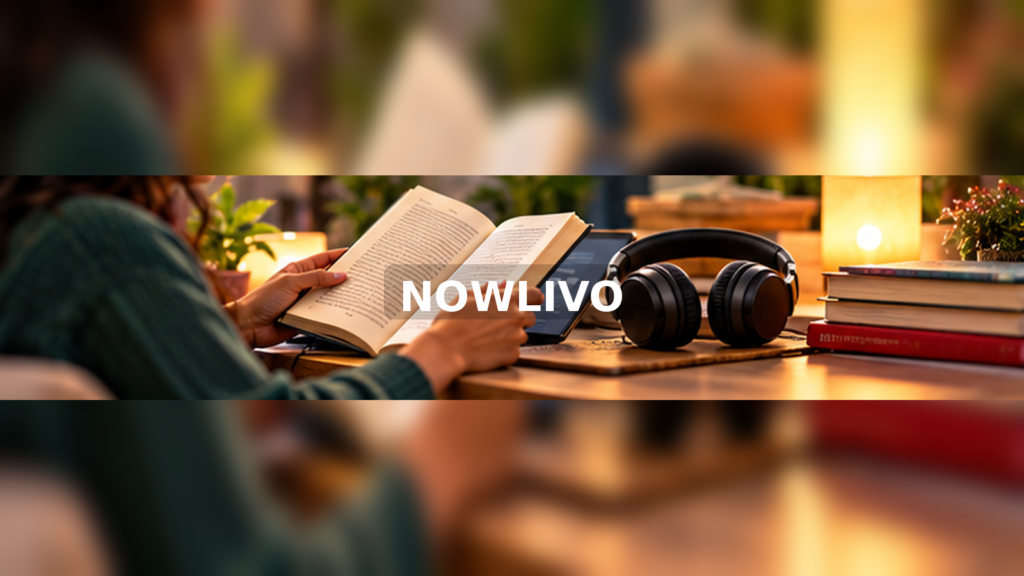 Reader switching between a printed book and audio listening with a centered NOWLIVO watermark