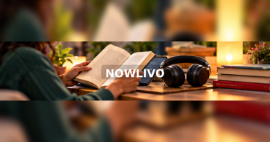 Reader switching between a printed book and audio listening with a centered NOWLIVO watermark