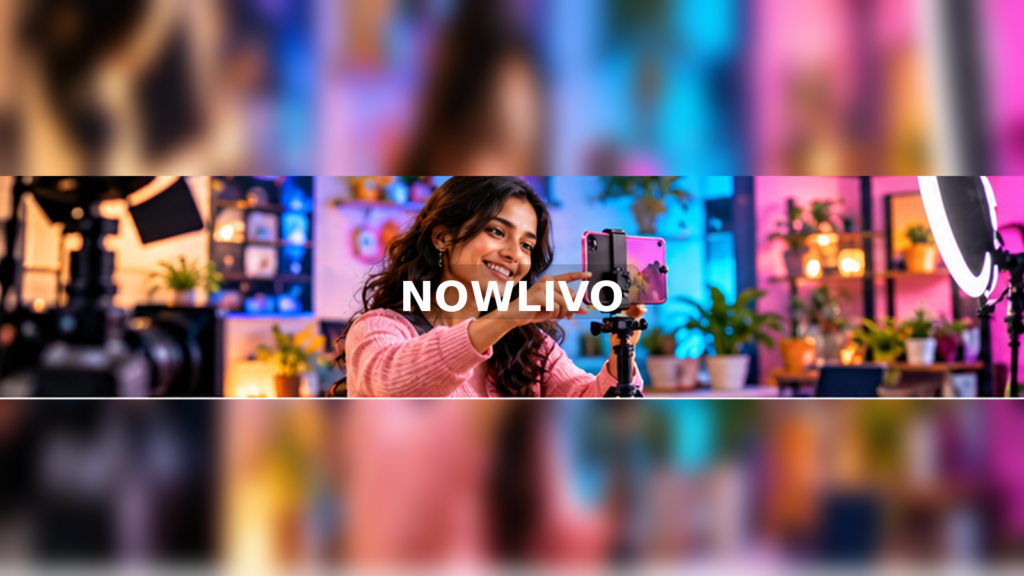 Woman recording a short video with a phone and ring light with a centered NOWLIVO watermark