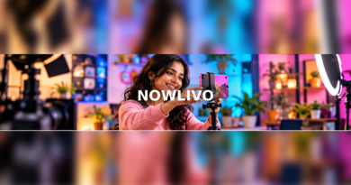 Woman recording a short video with a phone and ring light with a centered NOWLIVO watermark