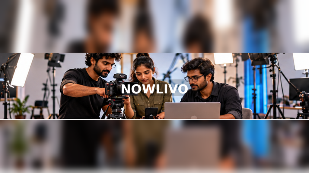 Film production team adjusting camera in a bright studio with a centered NOWLIVO watermark