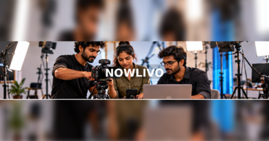 Film production team adjusting camera in a bright studio with a centered NOWLIVO watermark