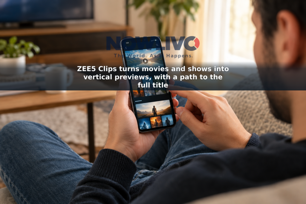 An adult viewer holds a phone showing vertical entertainment previews while browsing at home.