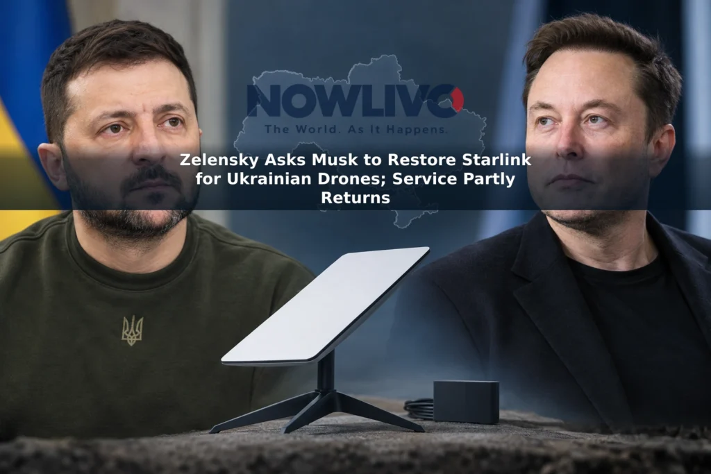 Editorial composite of Volodymyr Zelensky, Elon Musk and a satellite internet terminal illustrating the Starlink dispute