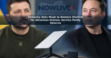 Editorial composite of Volodymyr Zelensky, Elon Musk and a satellite internet terminal illustrating the Starlink dispute