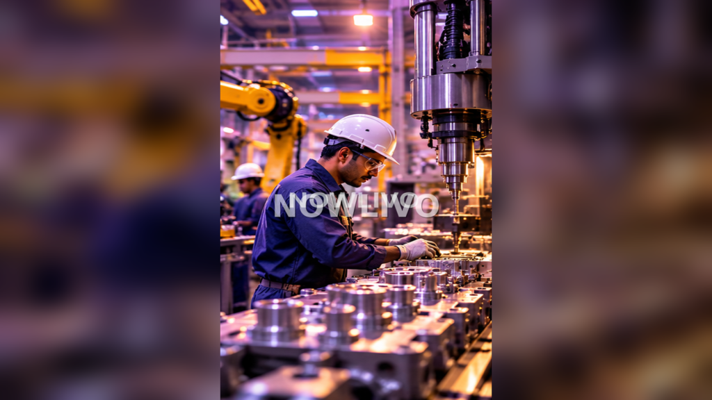 Factory worker monitoring an automated manufacturing line